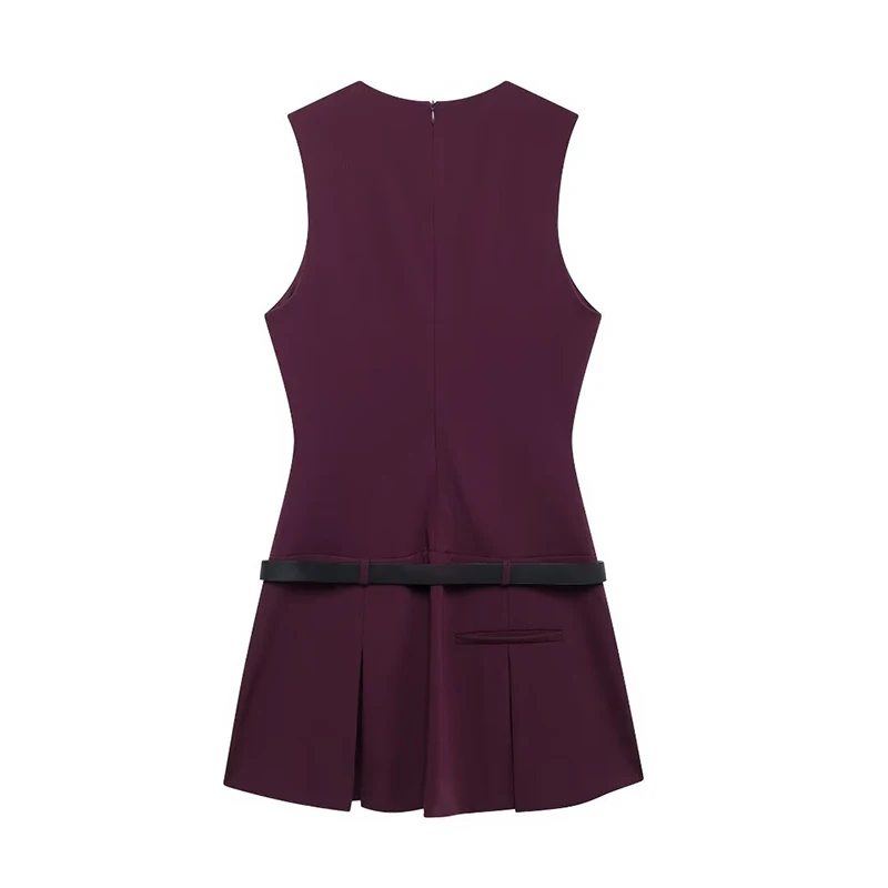 Willshela Women Fashion With Belt Purple Pleated Back Zipper Mini Dress Vintage V-Neck Sleeveless Female Chic Lady Dresses