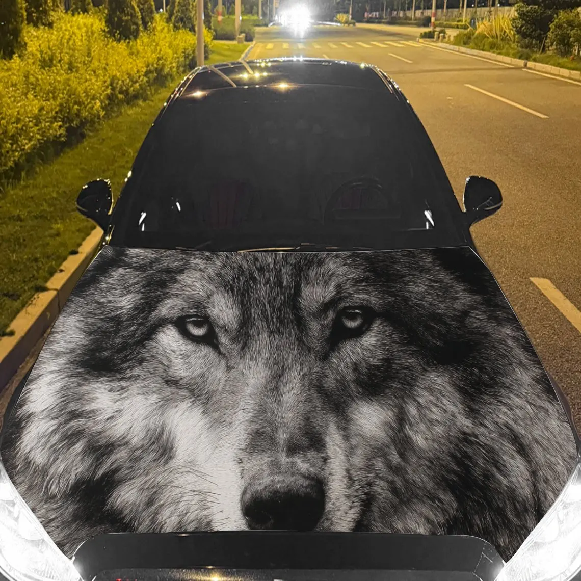Car Decal Wolf with Intense Stare in Monochrome - Wild Dominant Aesthetic Car Hood Sticker, Waterproof Self - Adhesive PVC Graph