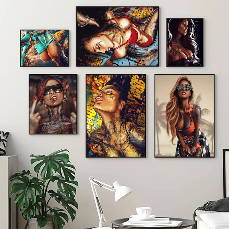 

Abstract Cool Tattoo Girl Poster Sexy Women Graffiti Street Art Portrait Picture Canvas Painting for Living Room Room Decor