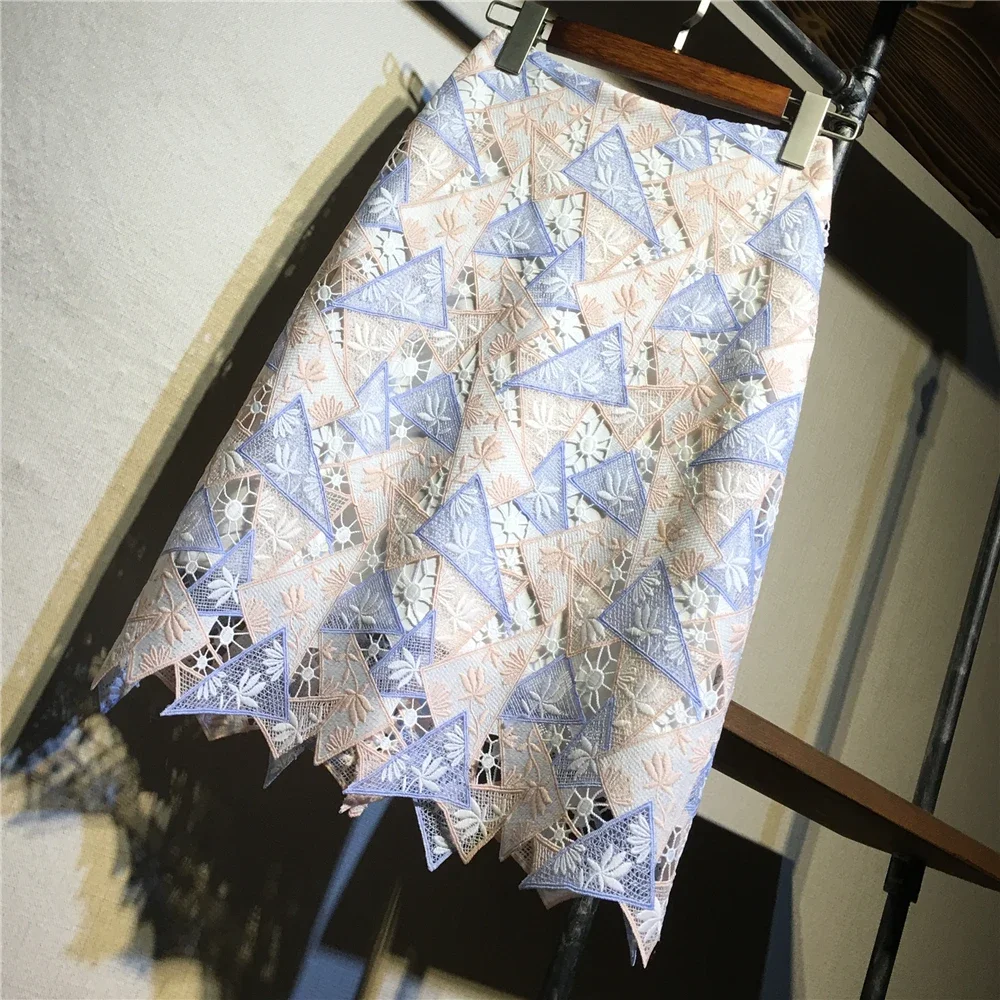 Summer Elegant Slim Office Skirt Faldas Women Sexy High Waist Embroidered Lace Hollow Out Saias Skirts