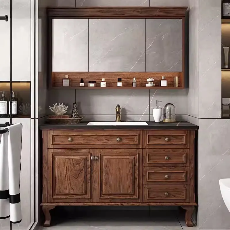 Red oak slate bathroom cabinet combination, bathroom solid wood floor-to-ceiling washbasin washstand