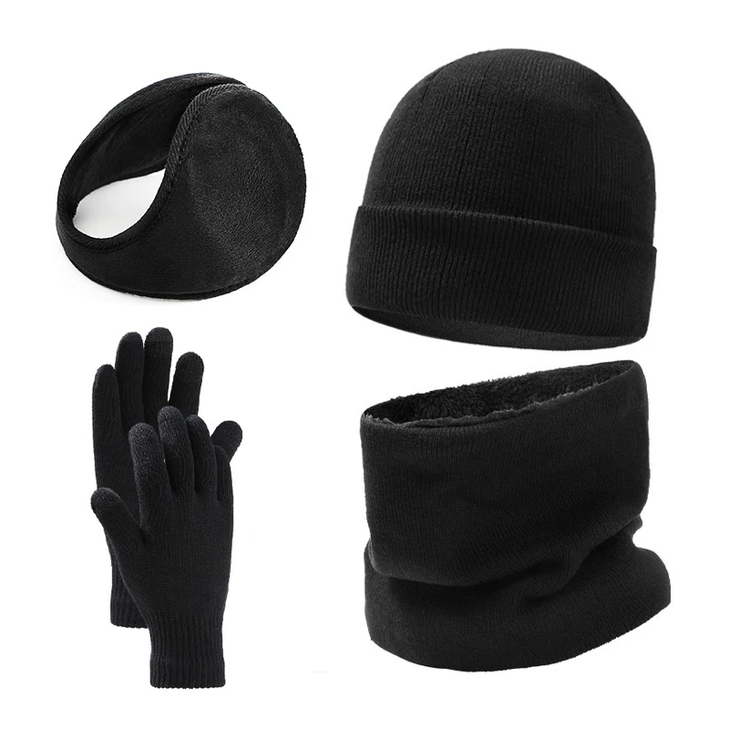 Keep Warm Knitted Comfortable Hat Scarf Gloves Earmuff Four-piece Set Unisex Fashion Solid Color Winter Outdoor Cold Protection