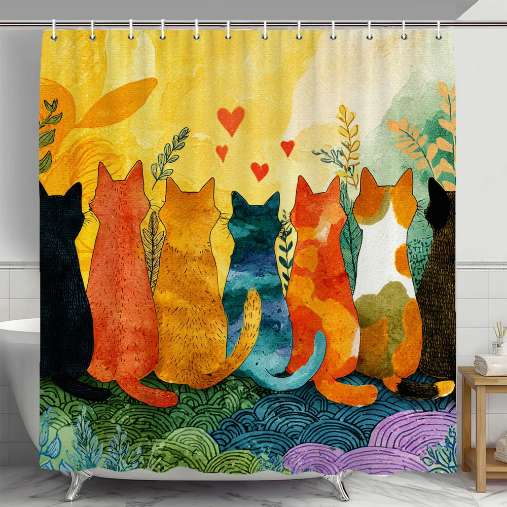 

Акварельная красочная занавеска для душа с котенком, декоративная занавеска для душа в ванной комнате, тканевая домашняя занавеска с принтом и крючками