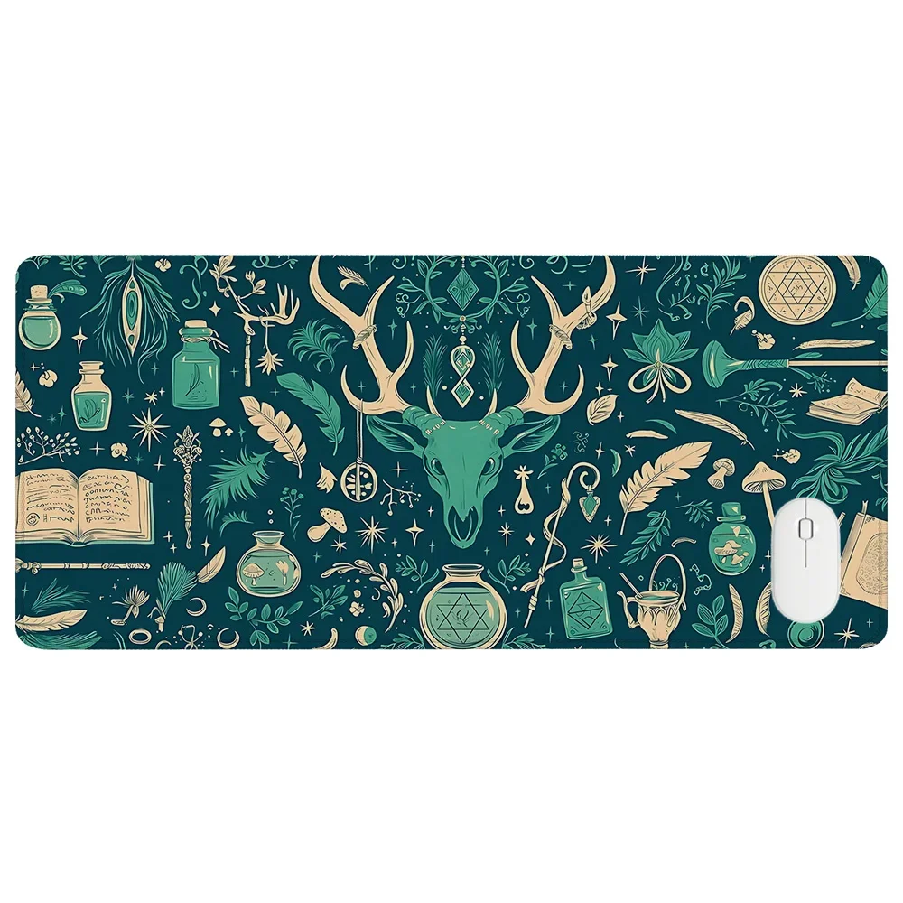 Witchy Cottagecore Desk Mat Witch Inspired Folk Art Mousepad Kawaii Cartoon Green Nature Pagan Deskmat Wicca Aesthetic Mouse Pad