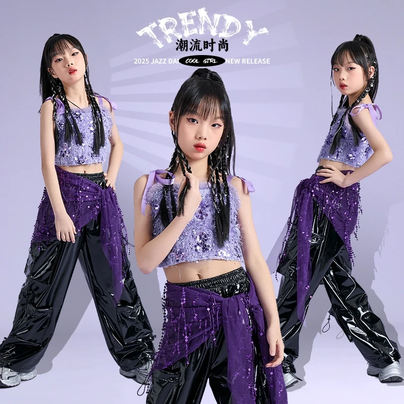 

2025 New Purple Tops Black Leather Kpop Clothing For Girls Group Jazz Dance Performance Costumes Children Hip Hop Wear DQS19491