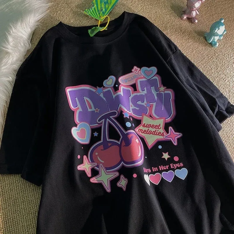 Women T Shirt Fruit Print Loose Short Sleeve Cute Kawaii Oversized Tee Clothes Y2k Top Anime Graphic Harajuku Tshirt