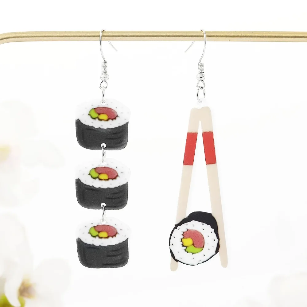 Asymmetric Sushi Chopsticks 2D Flat Acrylic Dangle Earrings Japanese Food Novelty Fun Earrings Jewelry Gift for Women Girls