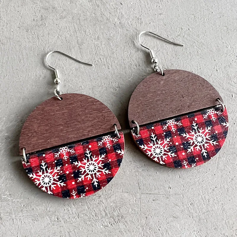 Christmas Striped Patchwork Wooden Earrings Christmas Tree Snowflake Red and Black Checked Print Wood Nordic Grid Round Earrings