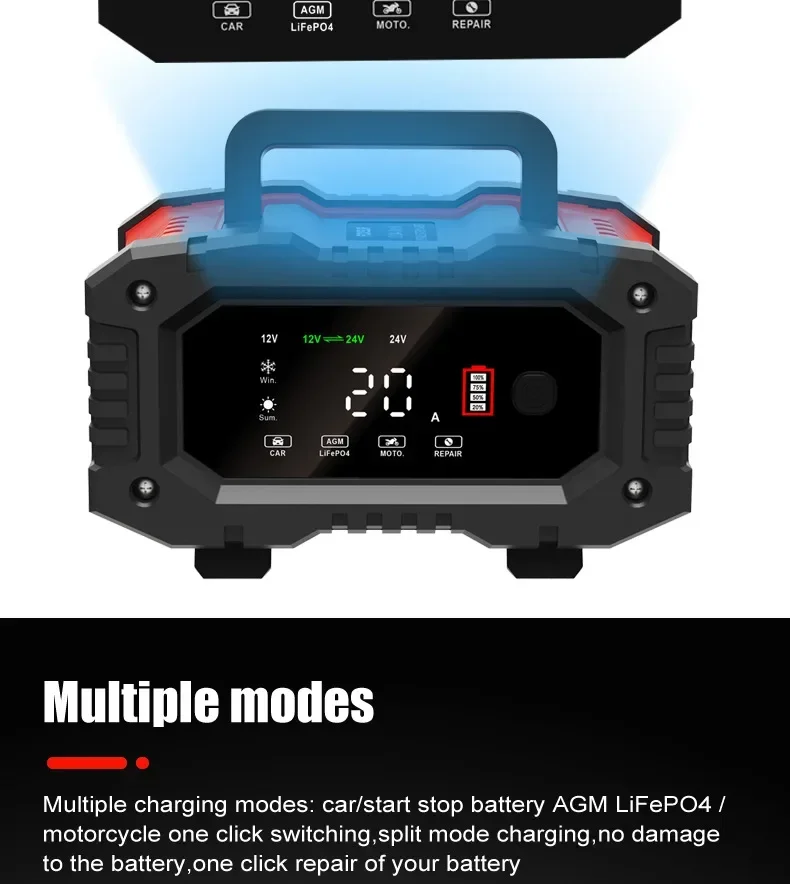 Tragbares 10A/20A-Ladegerät für Start-Stop-Batterien, Autoreparatur und Schnellladung für 12 V/24 V AGM LiFePO4-Auto, LKW, Motorrad – Detail 10