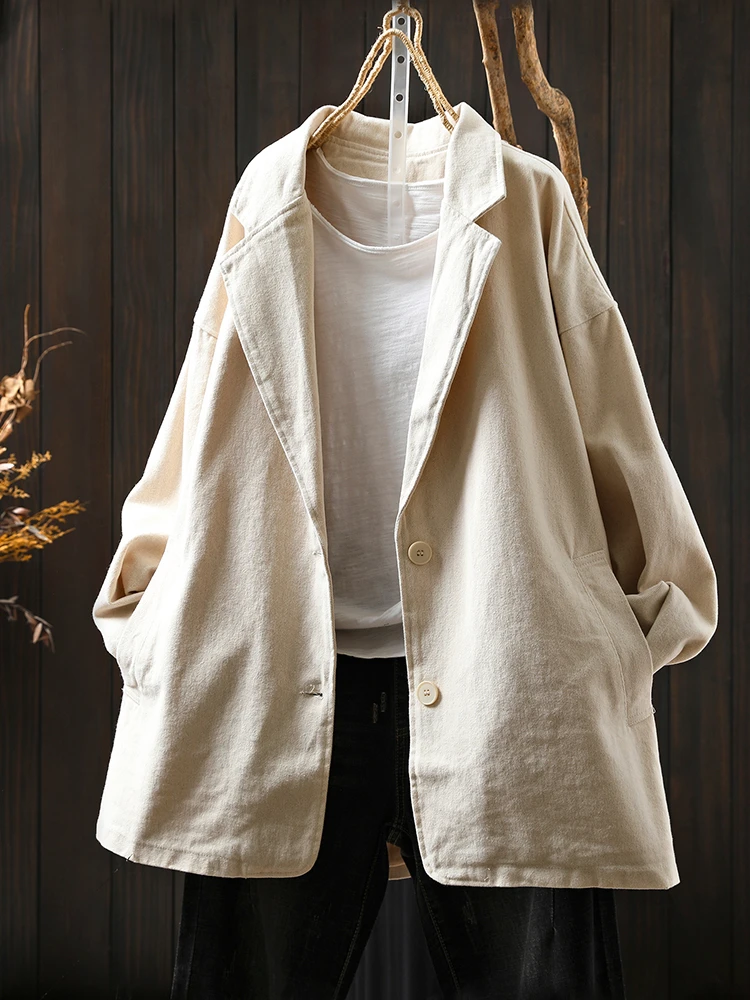 High Quality Women Casual Tailored Coats New Arrival 2025 Autumn Vintage Style Solid Color Loose Female Cotton Outerwear M1895