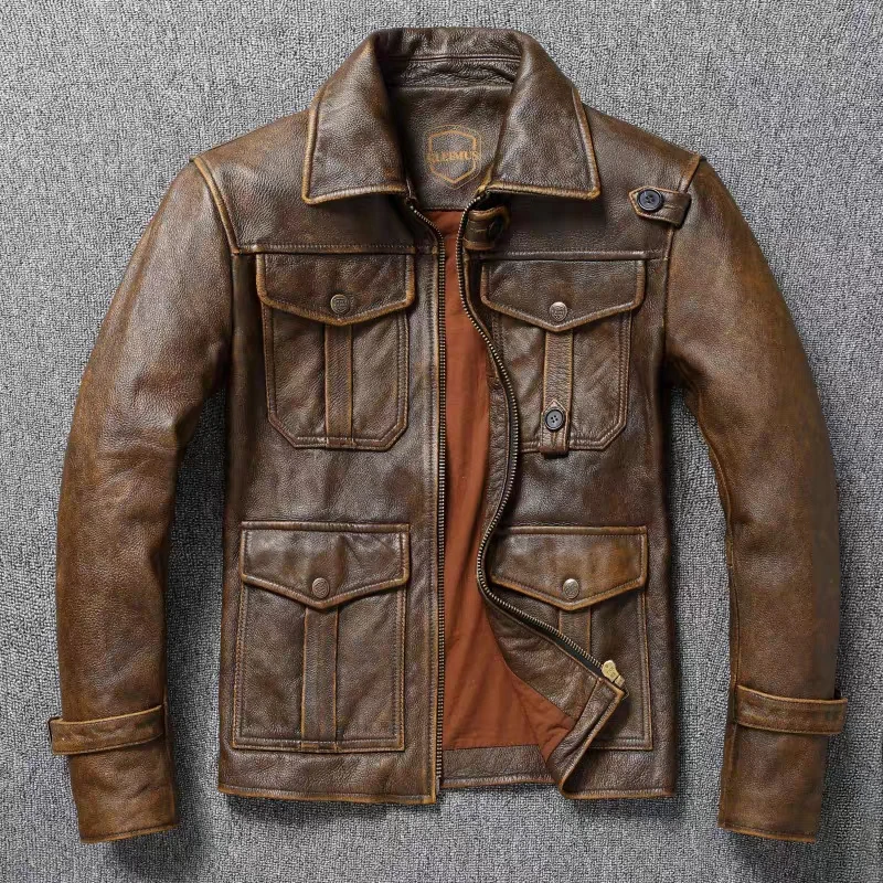 Men\'s Genuine Leather Jacket Natural Cowhide Hunting Jacket First Layer Cowhide American Retro Motorcycle Jacket Short Jacket