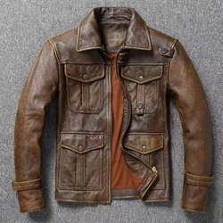 Men's Genuine Leather Jacket Natural Cowhide Hunting Jacket First Layer Cowhide American Retro Motorcycle Jacket Short Jacket