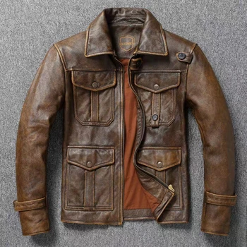Veste en cuir véritable pour homme, cuir de vachette naturel, première couche, veste de moto rétro américaine, veste courte pour la chasse