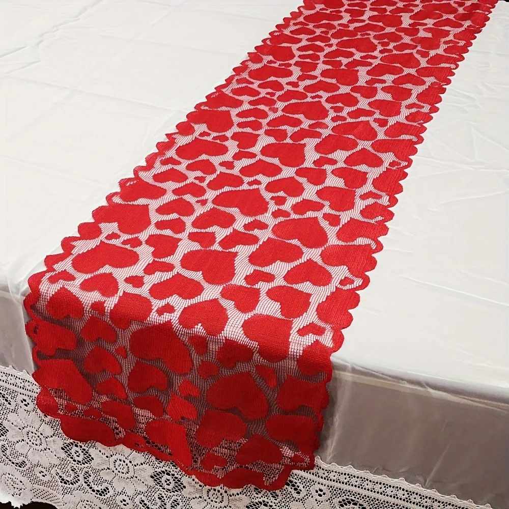 1pc Romantic Red Heart Lace Valentine\'s Day Table Runner for Home Table Decoration