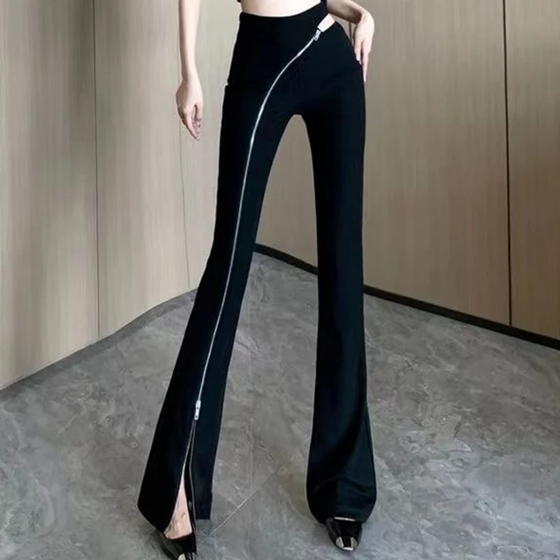 Gidyq Fashion Zipper Women Flare Pants Summer Streetwear Slim Fit Casual Pants Korean All Match Female Trousers