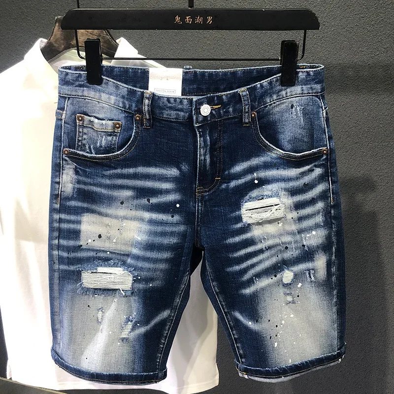 Short jeans azul claro masculino com furos, streetwear masculino, Stretch Jeans, calça reta, moda verão, novo