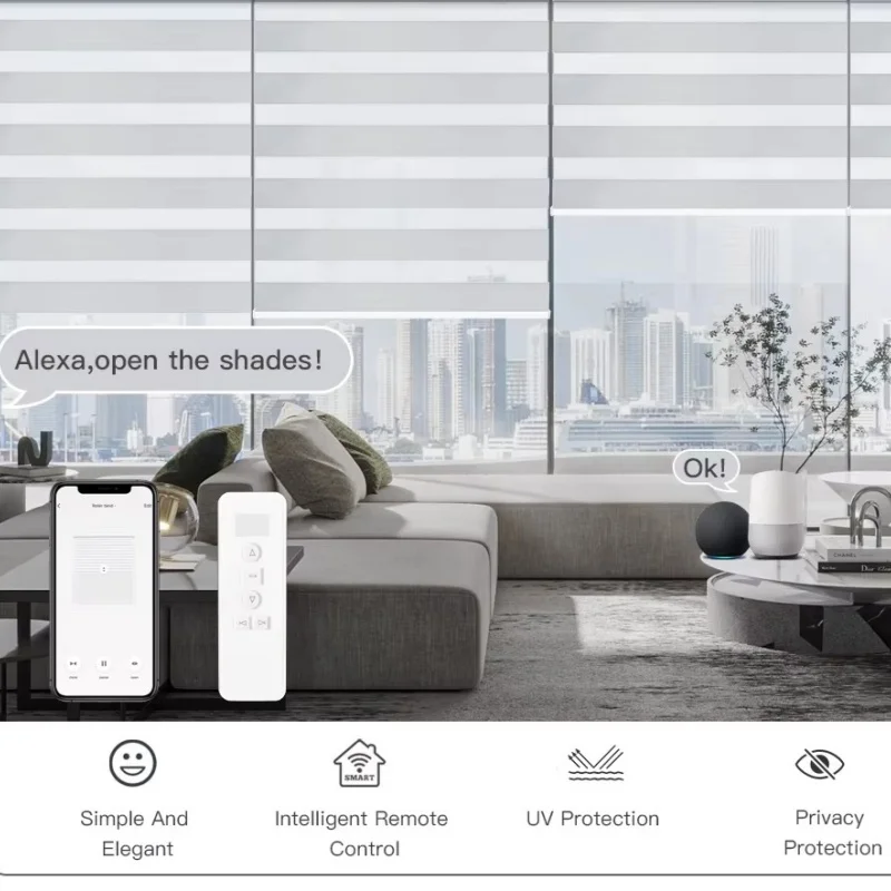 China Factory Wholesal 100% Blackout Day And Night Dual Shade WiFi APP Remote Control Smart Motorized Zebra Blinds For Window