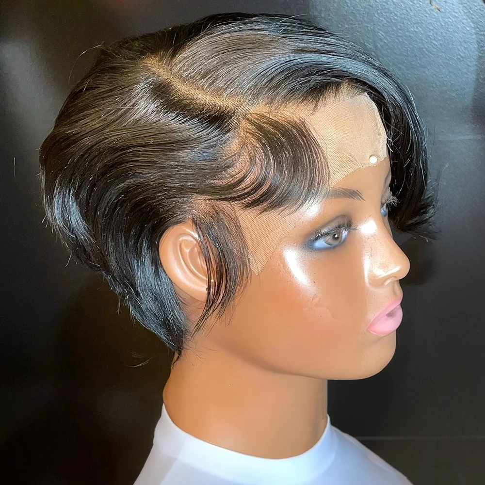 Perruque brésilienne lisse coupe bob en cheveux humains pour femmes, avec dentelle transparente 13x4, naturelle, pré-épilée, coupe pixie, Perruque Femme