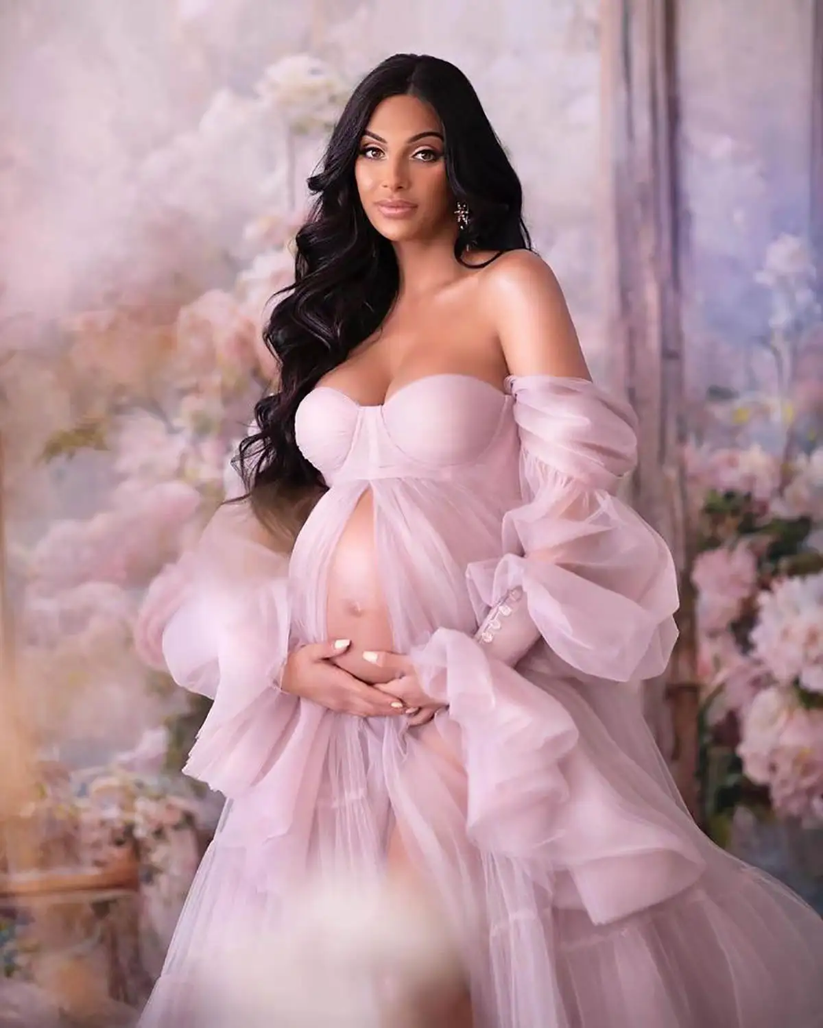 Elegant Maternity Star Dresses Sexy Sweetheart Gowns for Photoshoot Baby Shower Custom Made Ruffle Tulle Lace Bathrobes R638