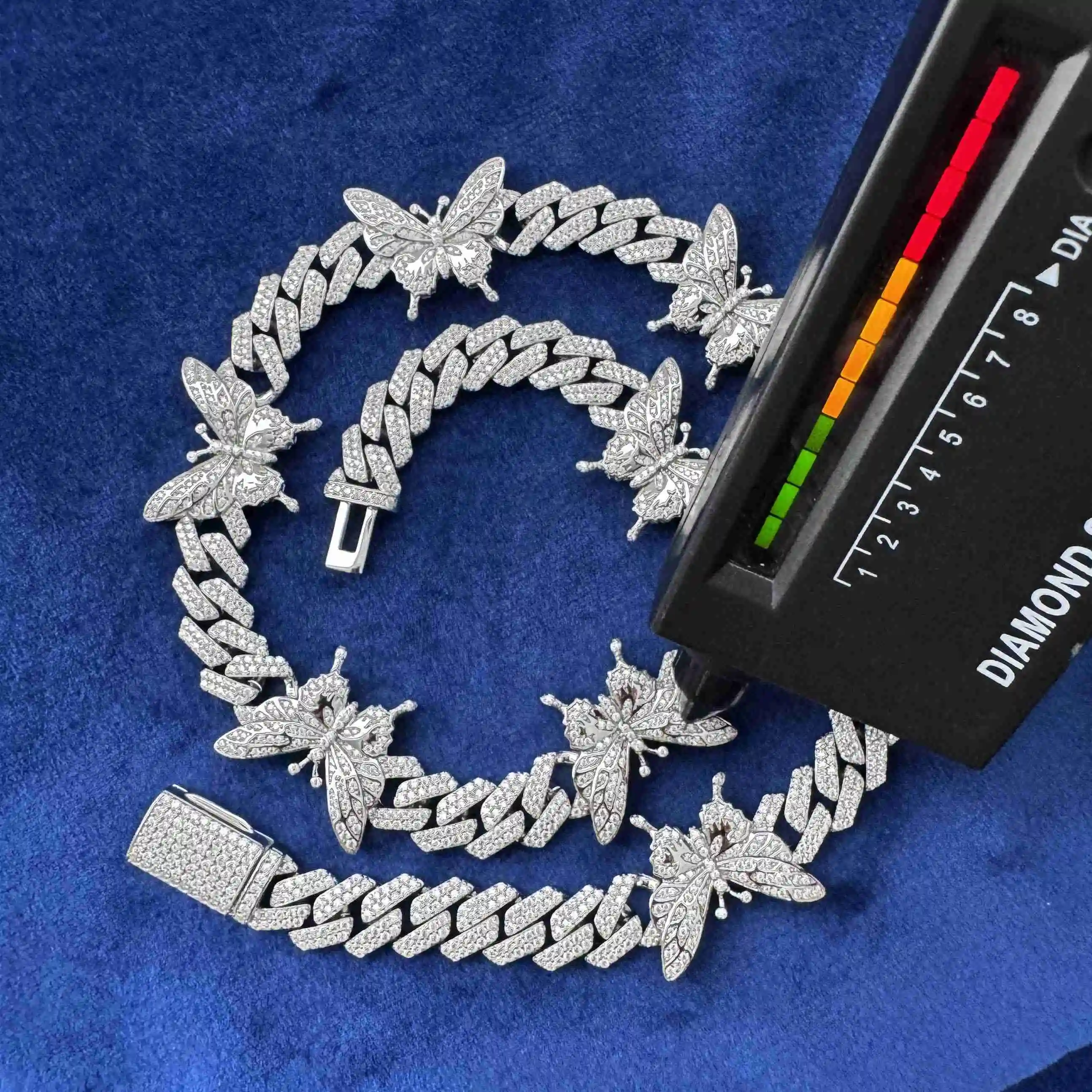 Butterfly Hiphop Cuban Link Necklace 925 Sterling Silver 2Rows 12mm Iced Out Moissanite Cuban Chain.