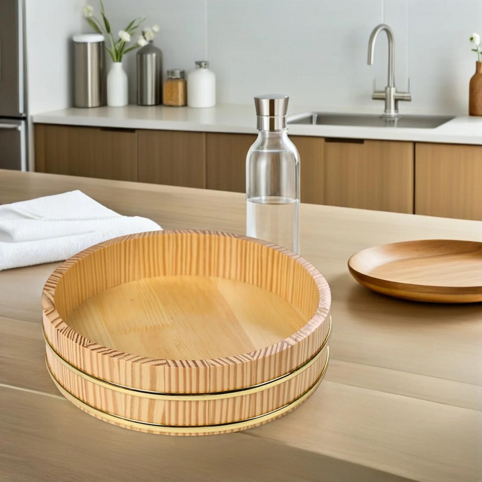 

1pcs Japanese Wooden Sushi Rice Mixing Bowl Gold Rim Sushi Oke For Sashimi Serving Traditional Hangiri Tub Restaurant Home