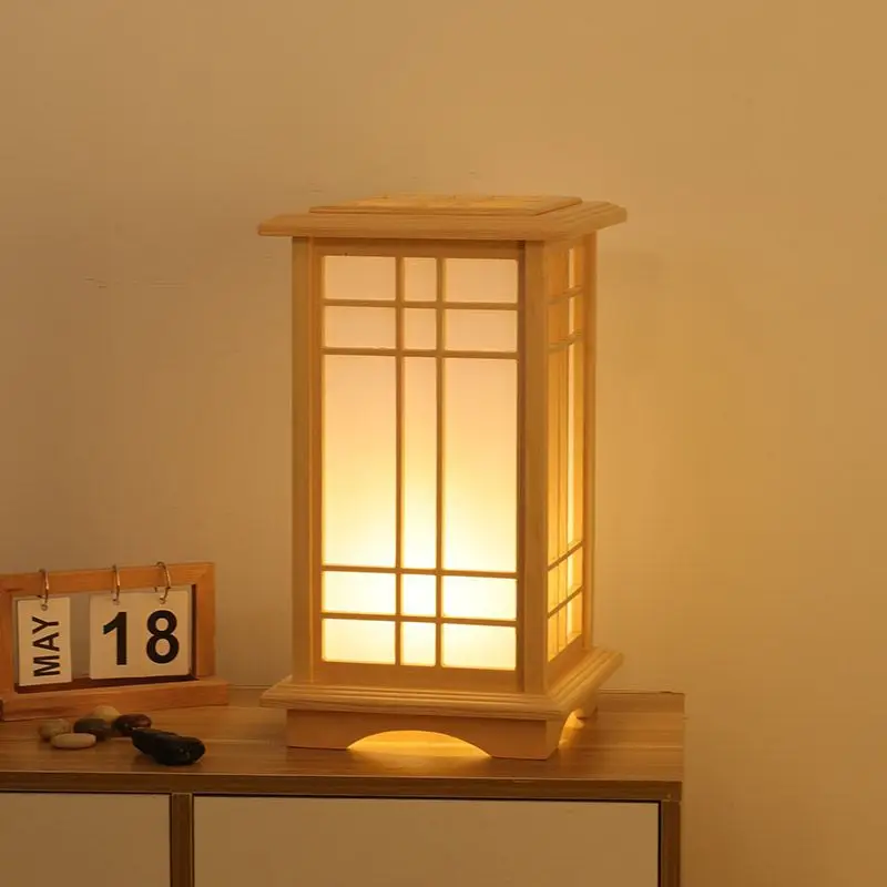 Japanse Tatami-stijl led zeshoekige houten tafel met witte PVC-schaduw houten staande vloer voor slaapkamer bedlampje