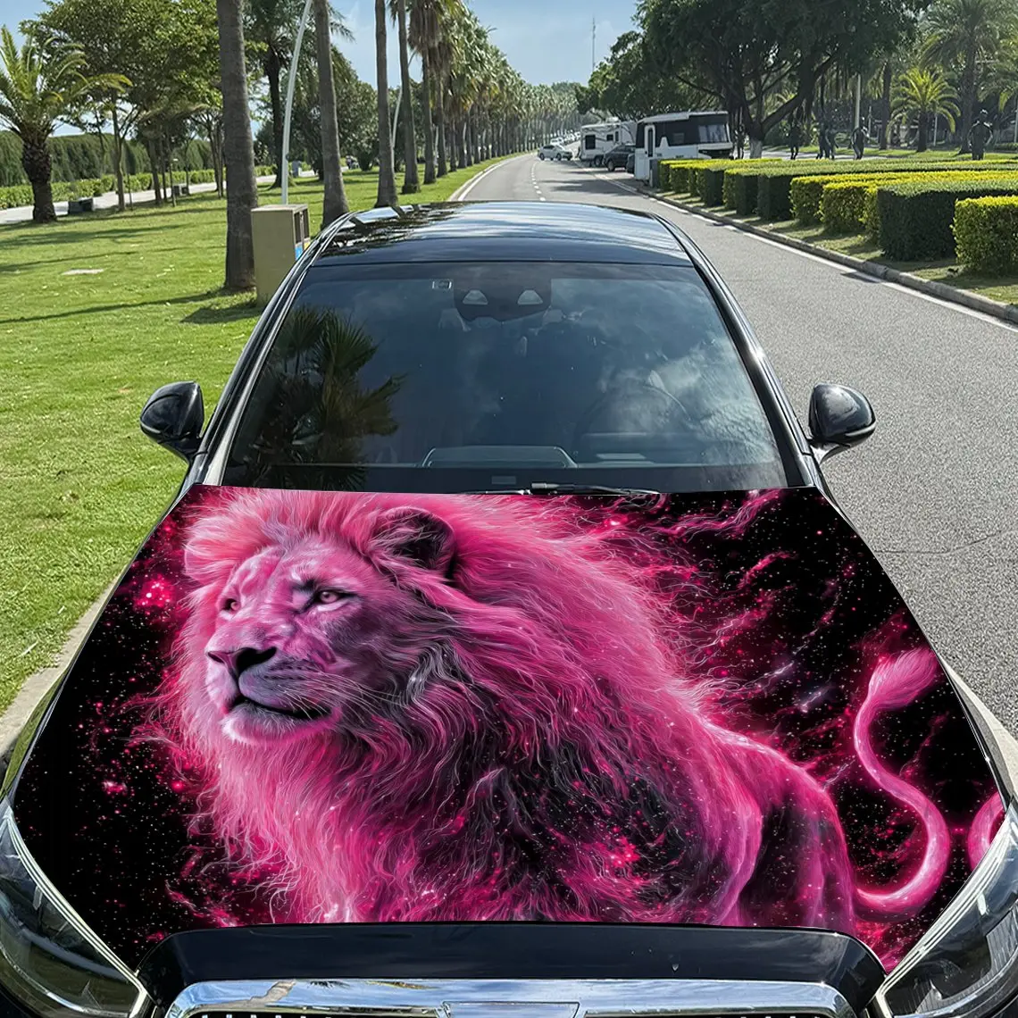

Pink Lion with Cosmic Lightning Car Vinyl Wrap, PVC Material Waterproof Car Hood Sticker, Self-Adhesive Scratch-Resistant Sticke