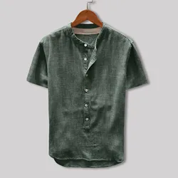 Tops 2024 Casual Style Men's Cotton Linen Solid Shirts Casual Street Solid Simple Short Sleeved Collarless Blouse Male Shirt