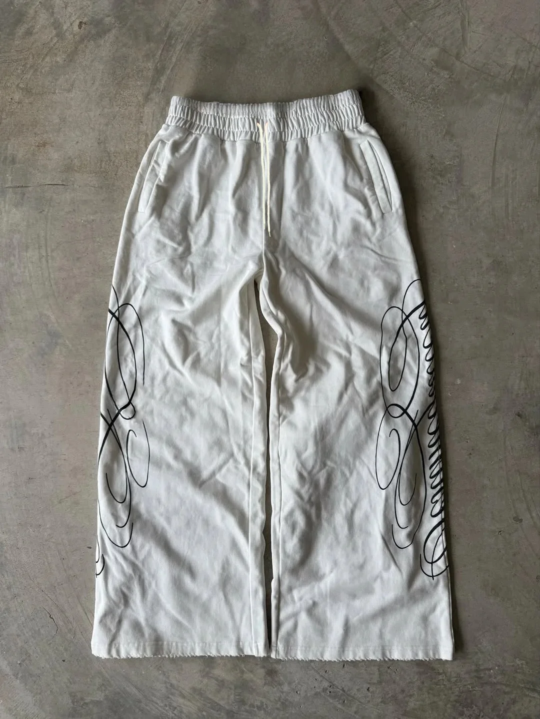 2026 Streetwear White Loose Wide Leg Sweatpants Abstract Curve Print Elastic Waist Casual Hip Hop Dance Jogger Adults/Kids Pants