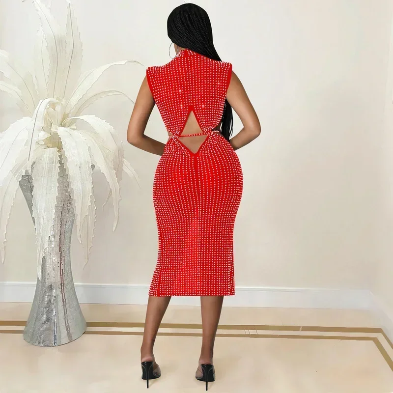 GUWU 메쉬 시스루 컷아웃 허리 트임 미디 다이아몬드 드레스 여성용 섹시 파티 클럽 시크 핫 라인스톤 선드레스