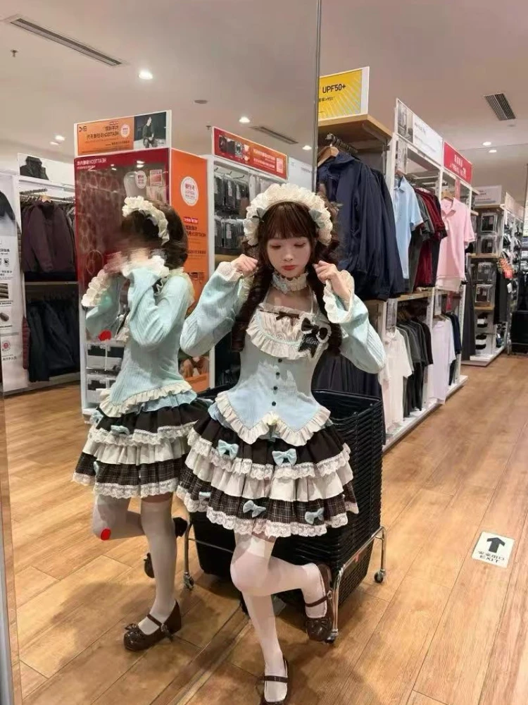 Dulce japonés encantador JK conjunto de 2 piezas mujeres lindo arco Tops + falda esponjosa costura Harajuku Hada Lolita trajes 2025 otoño 2025