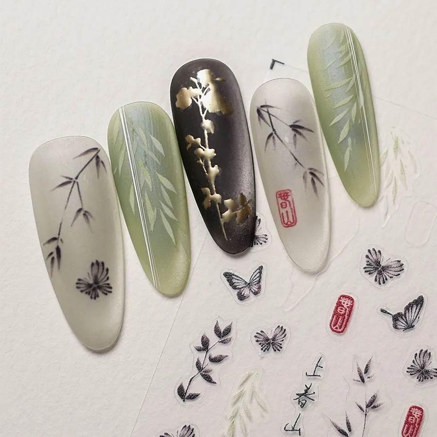 

5D Chinese style ink Shang Chunshan nail sticke manicure high-quality hot stamping sticker popular retro nail decoration sticker