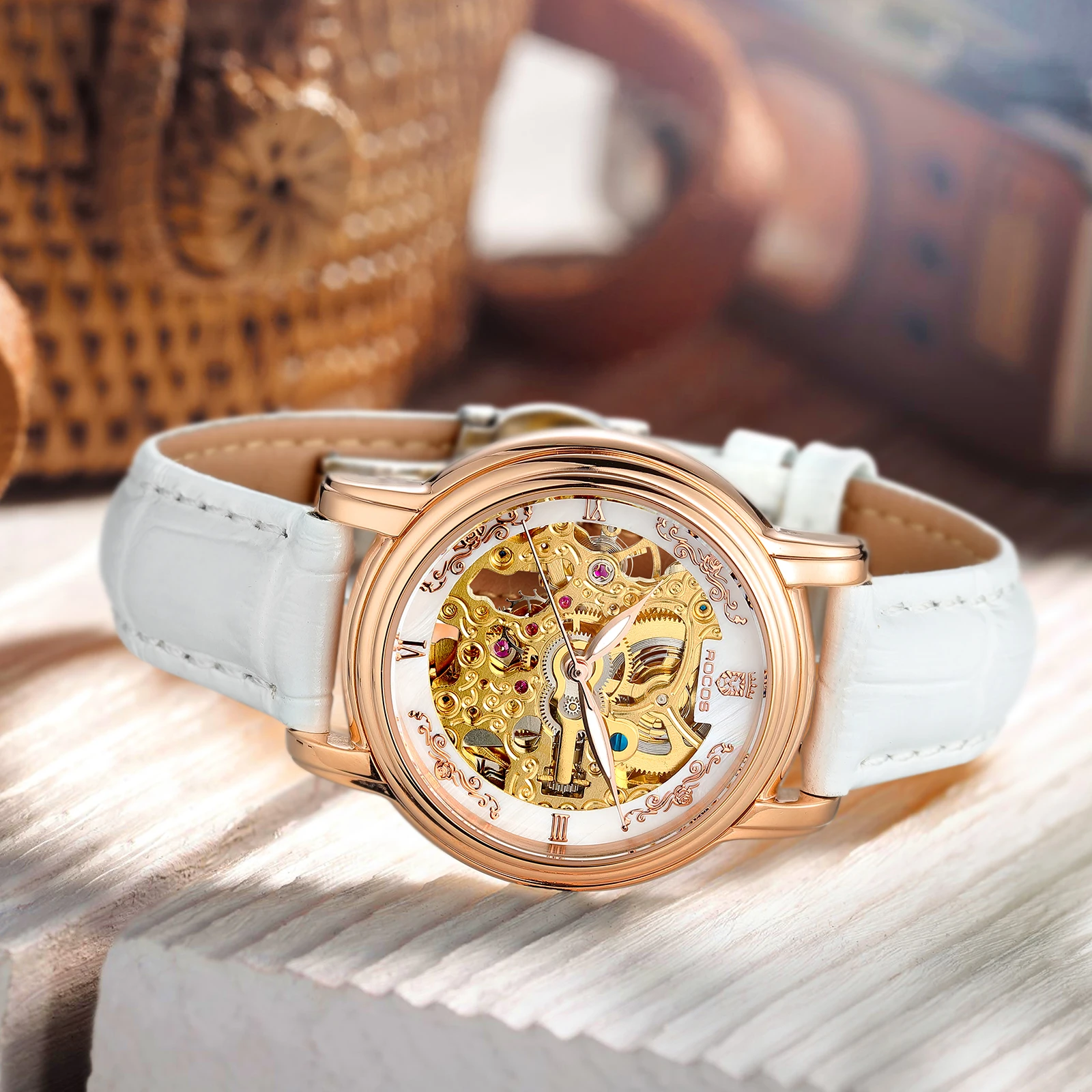 ROCOS Double Skeleton Vintage Rose Gold Automatic Watches for Women, Self Winding Mechanical Ladies Watch, Luxury Women's Watch