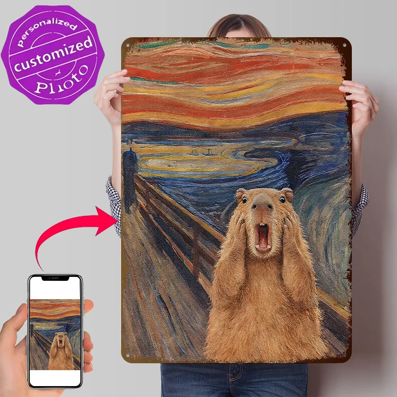 Capybara Screaming in Munch's The Scream Personalized 3D Textured Metal Poster Wall Art Vintage Tin Signs for Mancave Decoration