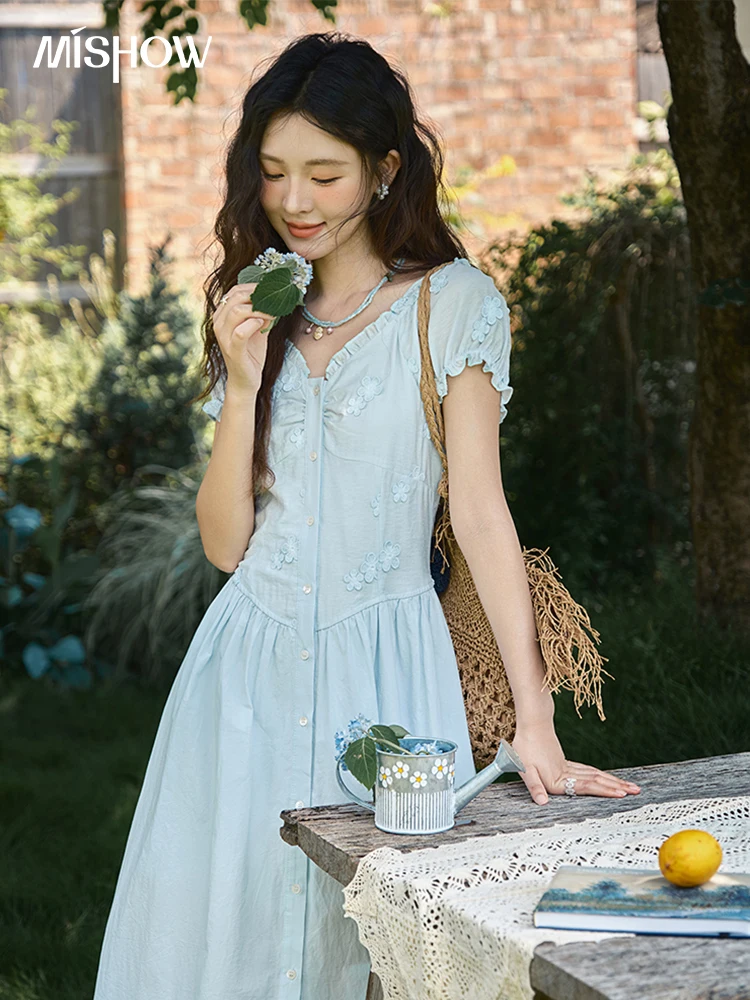 

MISHOW Fashion V-neck Dress for Women 2025 Summer New Female Mushroom Edge Embroidery Splicing Button Casual Dresses MXE39L2407
