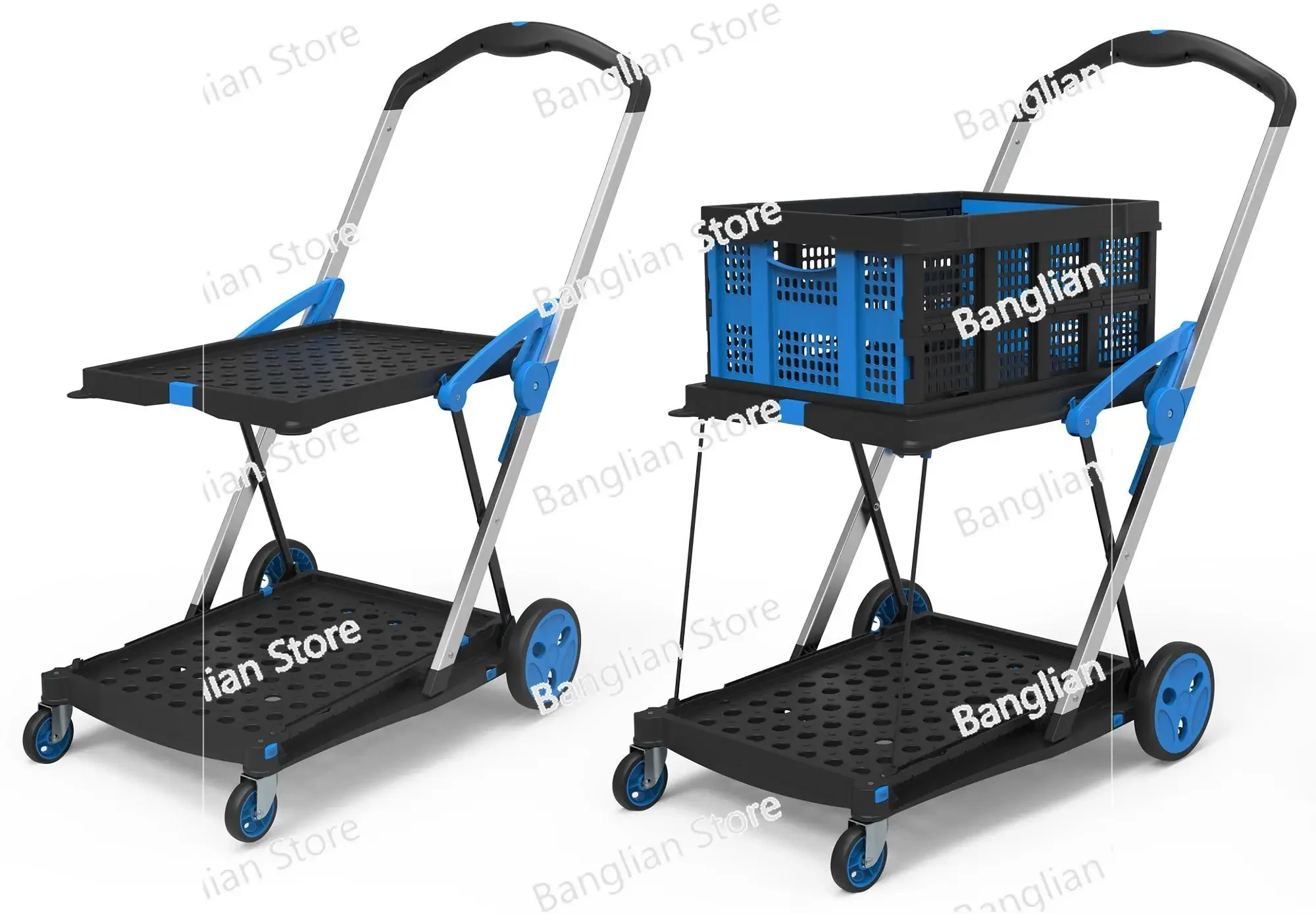 New Hot Selling New Double Decker Folding Carts Lightduty Aluminum Shopping Carts with Storage Crate