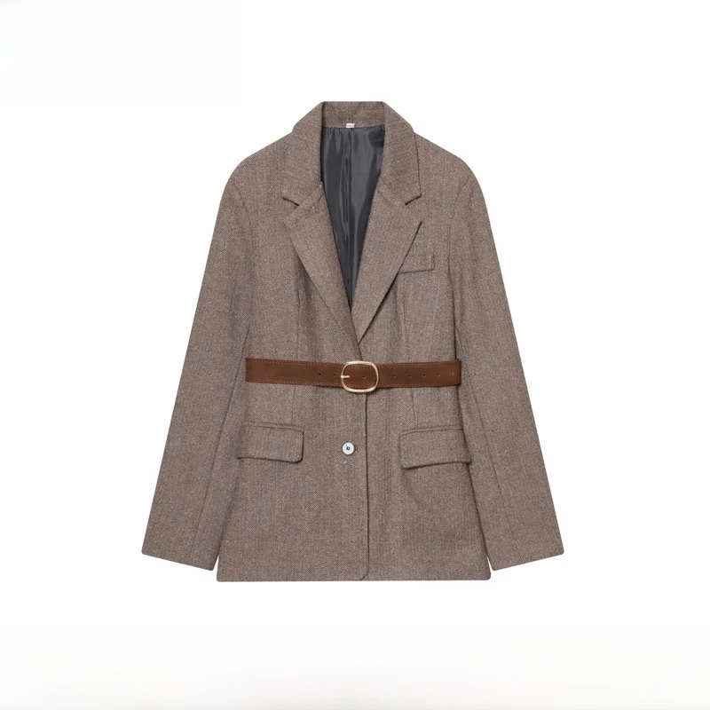 

Faionable ZR Sle Women's Cheered Suit Jaet with Belt Autumn Winter New Arrival Warm Long Sve Polyester Fiber