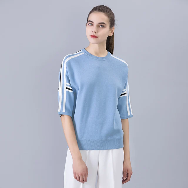 

Сине-белая трикотажная круглая футболка Ne Five Sve Commute Sle, свободный крой, летний женский топ в полоску с узором Moisture ng