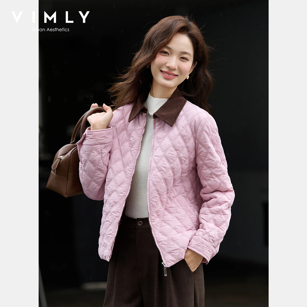 

Женские стеганые куртки-пуховики VIMLY, винтажное зимнее пальто контрастного цвета с воротником-поло, 2022, модная свободная женская верхняя одежда на молнии A2866