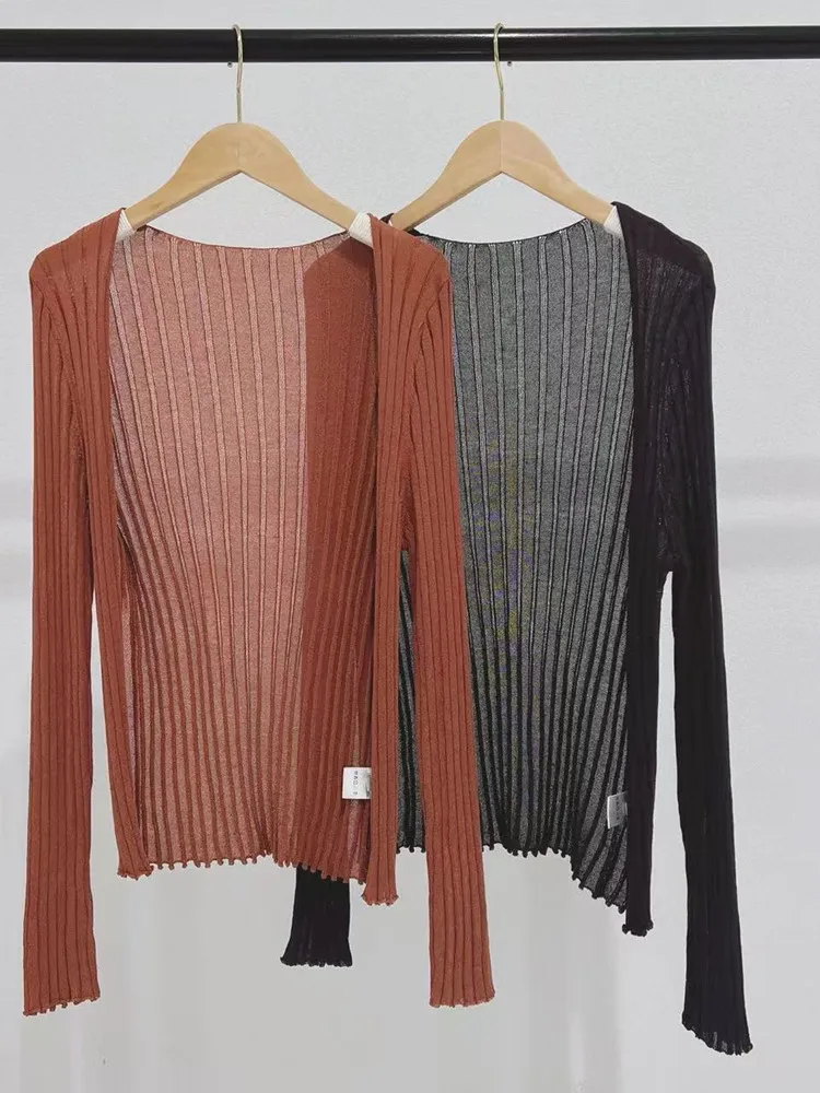 Women's 2 Colors Thin Knit Cardigan Pit Stripes V-neck 2025 Summer Female Casual Sweater