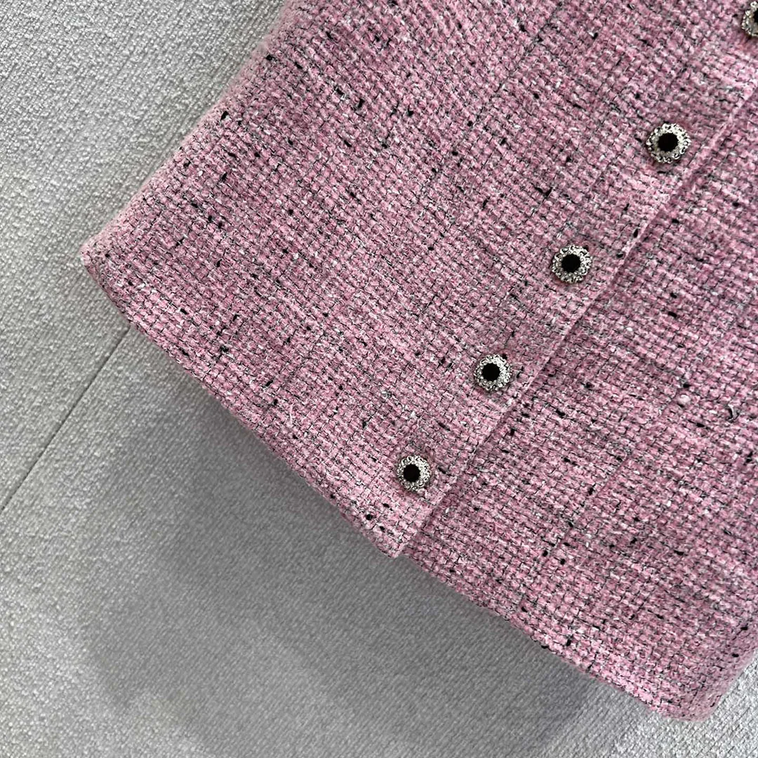 Luxury Vintage Pink Wool Blends Woven Tweed Coat Women O-neck Short Sleeve Single Breasted New Spring Sweet Short Jacket