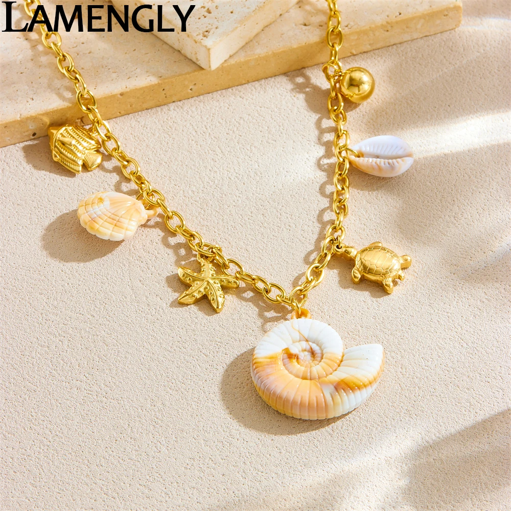LAMENGLY 316L Stainless Steel Novel Chic Conch Shell Starfish Turtle Pendant Necklace Women Waterproof Neck Chain Party Gifts
