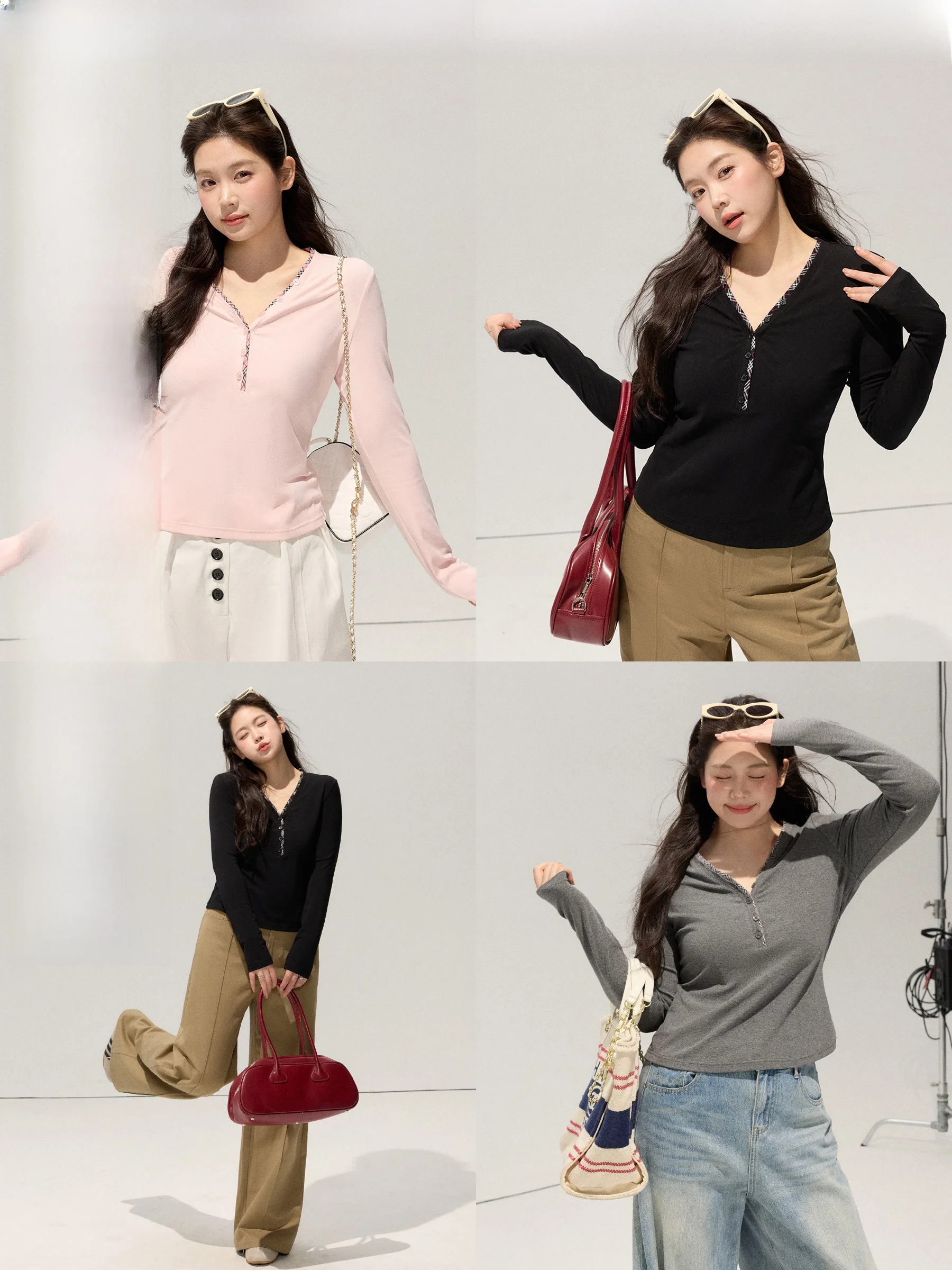 

JULULOOK Studio "Xiangxiang Liulight" Plaid Splicing V-ne Button Long Sve T-irt plus Size Slim Fit Casual Sle Top