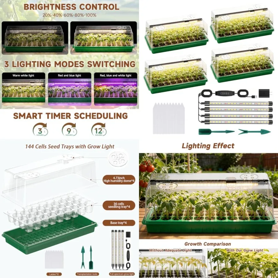 Bandeja de Germinación con Luz de Cultivo, Kit de Germinación de Espectro Completo con 5 Niveles de Brillo Ajustables y Temporizador, Bandeja de Cultivo para Plantas de Interior