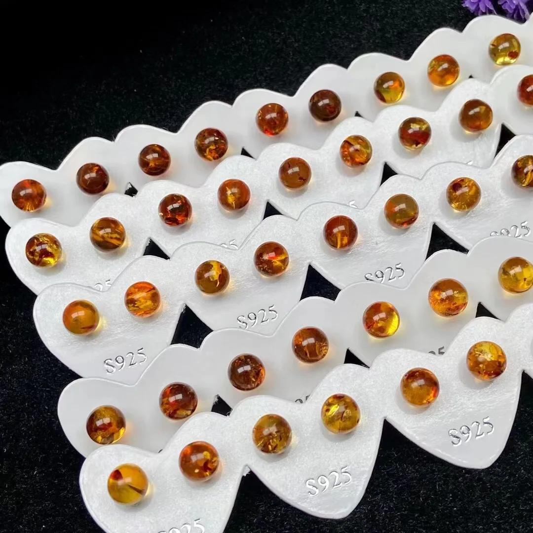 Lii Ji Real Amber 8-9mm Stud Earring 1 pair 925 Sterling Silver Women Birthday Jewelry Gift