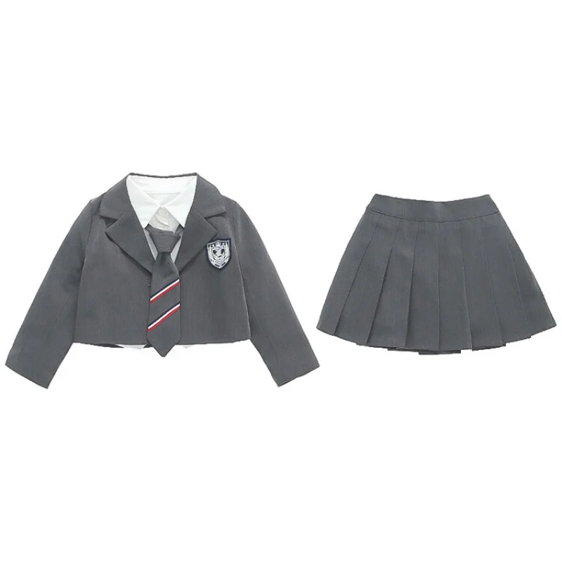 Formal Western Suit Pleated Skirt For Girls Clothes Set Gray School Uniforms For 4 5 6 7 8 9 10 11 12 13 Years Kids Girls Outfit