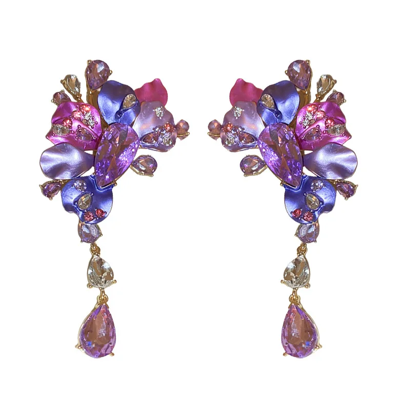 Luxury Rhinestone Purple Flower Drop Earrings for Women Europe and America Exaggerated Heavy Industry Party Jewelry