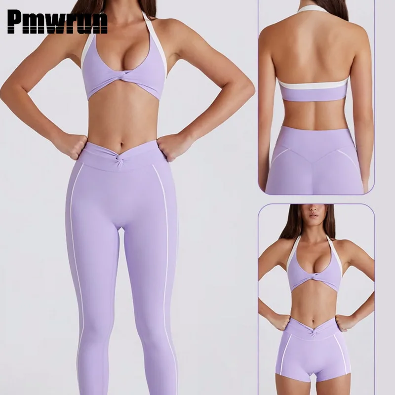 

PMWRUN Women's Yoga Fitness Set Halter Neck Knot Front Bra With High Waist Knotted Leggings And Matching Shorts Breathable Set