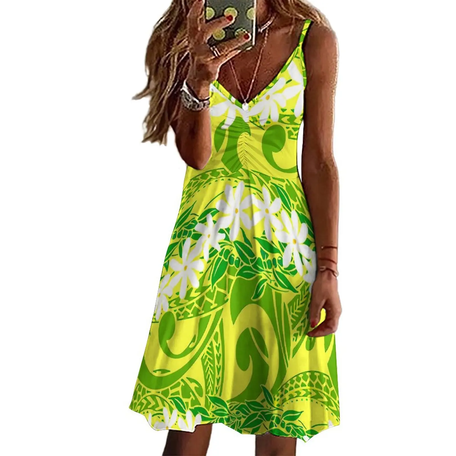 Custom Exclusive Temperament Dress Halter Design Waist Waist Elegant Dress Quality Fabric Polynesian Pattern Print