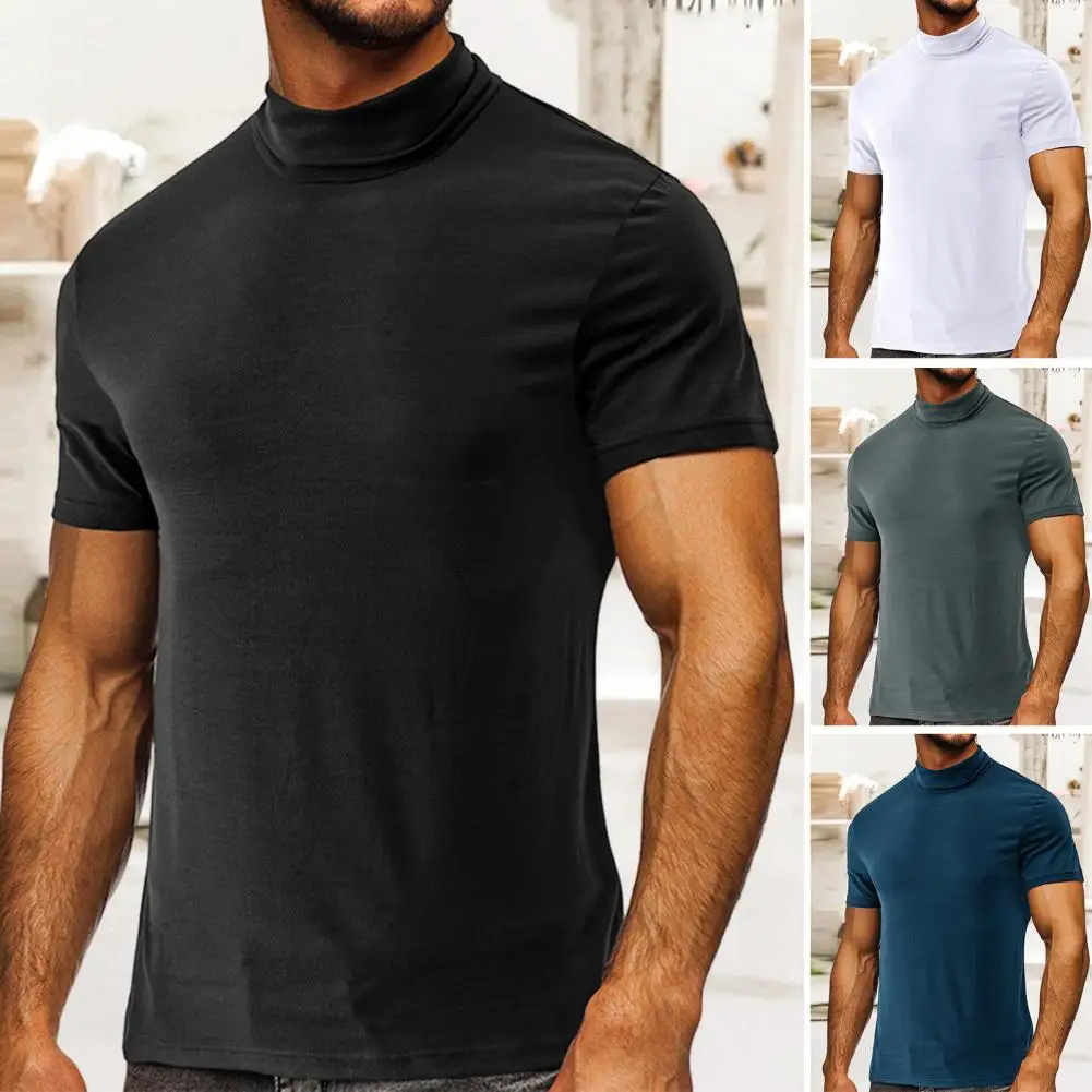 Men T-shirt Mock Neck Short Sleeve Men Top Solid Color Breathable Elastic Fitness T-shirt Summer Running Compression T-shirt